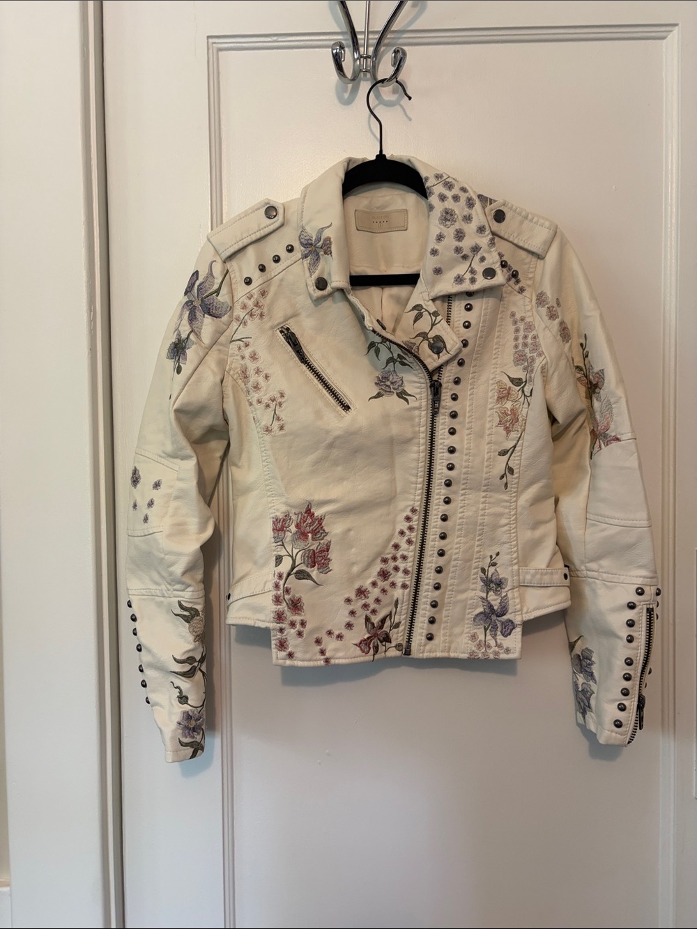 Floral Moto Jacket Faux Leather Cream Sz Small Blank NYC Whimsy Punk Pink Purple